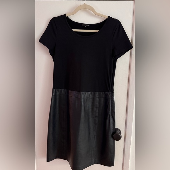 THEORY Womens Black Cotton & Leather Short-Sleeve Shift Dress Size 12 - Picture 1 of 10